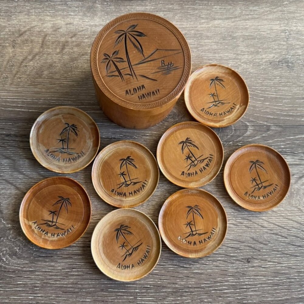 Set of 8 Vintage Wooden Carved Coasters with Container Holder.